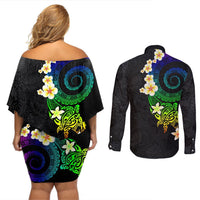 Polynesian Spiral Tribal Tattoo Couples Matching Off Shoulder Short Dress and Long Sleeve Button Shirt Fanciful Color LT03 - Polynesian Pride