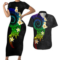Polynesian Spiral Tribal Tattoo Couples Matching Short Sleeve Bodycon Dress and Hawaiian Shirt Fanciful Color LT03 Black - Polynesian Pride