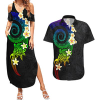 Polynesian Spiral Tribal Tattoo Couples Matching Summer Maxi Dress and Hawaiian Shirt Fanciful Color