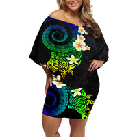 Polynesian Spiral Tribal Tattoo Off Shoulder Short Dress Fanciful Color LT03 Women Black - Polynesian Pride