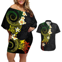Polynesian Spiral Tribal Tattoo Couples Matching Off Shoulder Short Dress and Hawaiian Shirt Reggae Color LT03 Reggae - Polynesian Pride