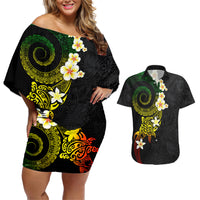 Polynesian Spiral Tribal Tattoo Couples Matching Off Shoulder Short Dress and Hawaiian Shirt Reggae Color
