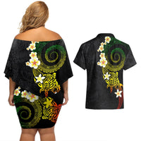 Polynesian Spiral Tribal Tattoo Couples Matching Off Shoulder Short Dress and Hawaiian Shirt Reggae Color LT03 - Polynesian Pride