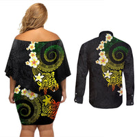 Polynesian Spiral Tribal Tattoo Couples Matching Off Shoulder Short Dress and Long Sleeve Button Shirt Reggae Color LT03 - Polynesian Pride