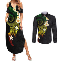 Polynesian Spiral Tribal Tattoo Couples Matching Summer Maxi Dress and Long Sleeve Button Shirt Reggae Color LT03 Reggae - Polynesian Pride