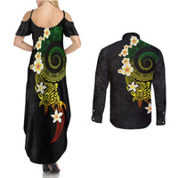 Polynesian Spiral Tribal Tattoo Couples Matching Summer Maxi Dress and Long Sleeve Button Shirt Reggae Color LT03 - Polynesian Pride