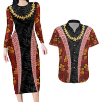 Hawaii Lei and Hibiscus Flowers Tribal Couples Matching Long Sleeve Bodycon Dress and Hawaiian Shirt Patchwork Abstract Vintage LT03 Red - Polynesian Pride
