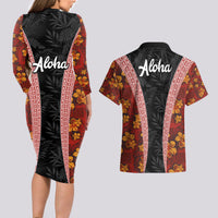 Hawaii Lei and Hibiscus Flowers Tribal Couples Matching Long Sleeve Bodycon Dress and Hawaiian Shirt Patchwork Abstract Vintage LT03 - Polynesian Pride