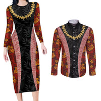 Hawaii Lei and Hibiscus Flowers Tribal Couples Matching Long Sleeve Bodycon Dress and Long Sleeve Button Shirt Patchwork Abstract Vintage