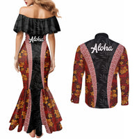 Hawaii Lei and Hibiscus Flowers Tribal Couples Matching Mermaid Dress and Long Sleeve Button Shirt Patchwork Abstract Vintage LT03 - Polynesian Pride