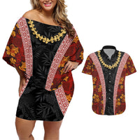 Hawaii Lei and Hibiscus Flowers Tribal Couples Matching Off Shoulder Short Dress and Hawaiian Shirt Patchwork Abstract Vintage LT03 Red - Polynesian Pride