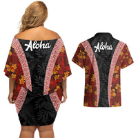 Hawaii Lei and Hibiscus Flowers Tribal Couples Matching Off Shoulder Short Dress and Hawaiian Shirt Patchwork Abstract Vintage LT03 - Polynesian Pride