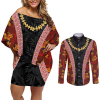Hawaii Lei and Hibiscus Flowers Tribal Couples Matching Off Shoulder Short Dress and Long Sleeve Button Shirt Patchwork Abstract Vintage