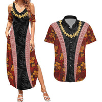 Hawaii Lei and Hibiscus Flowers Tribal Couples Matching Summer Maxi Dress and Hawaiian Shirt Patchwork Abstract Vintage LT03 Red - Polynesian Pride