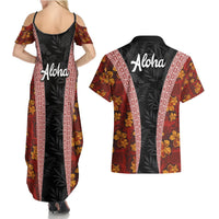 Hawaii Lei and Hibiscus Flowers Tribal Couples Matching Summer Maxi Dress and Hawaiian Shirt Patchwork Abstract Vintage LT03 - Polynesian Pride
