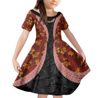 Hawaii Lei and Hibiscus Flowers Tribal Family Matching Mermaid Dress and Hawaiian Shirt Patchwork Abstract Vintage LT03 Daughter's Dress Red - Polynesian Pride