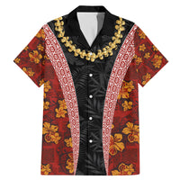 Hawaii Lei and Hibiscus Flowers Tribal Family Matching Mermaid Dress and Hawaiian Shirt Patchwork Abstract Vintage LT03 Dad's Shirt - Short Sleeve Red - Polynesian Pride