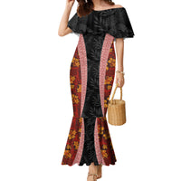Hawaii Lei and Hibiscus Flowers Tribal Family Matching Mermaid Dress and Hawaiian Shirt Patchwork Abstract Vintage LT03 Mom's Dress Red - Polynesian Pride