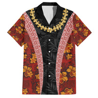 Hawaii Lei and Hibiscus Flowers Tribal Family Matching Off The Shoulder Long Sleeve Dress and Hawaiian Shirt Patchwork Abstract Vintage