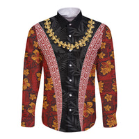 Hawaii Lei and Hibiscus Flowers Tribal Long Sleeve Button Shirt Patchwork Abstract Vintage