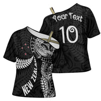 Aotearoa Volleyball Custom Cross Shoulder Shirt Silver Ferns and Maori Tribal Black
