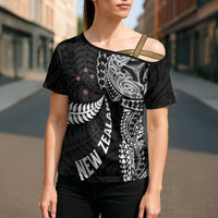 Aotearoa Volleyball Custom Cross Shoulder Shirt Silver Ferns and Maori Tribal Black