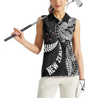 Aotearoa Volleyball Custom Women Sleeveless Polo Shirt Silver Ferns and Maori Tribal Black LT03 - Polynesian Pride