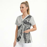 Aotearoa Volleyball Custom Scrub Top Silver Ferns and Maori Tribal White