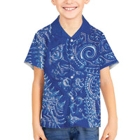 New Zealand Sea Animals Kid Hawaiian Shirt with Maori Koru Tribal Tattoo and Silver Ferns Aquatic Style LT03 Kid Navy - Polynesian Pride