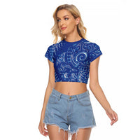 New Zealand Sea Animals Raglan Cropped T Shirt with Maori Koru Tribal Tattoo and Silver Ferns Aquatic Style LT03 Female Navy - Polynesian Pride