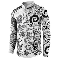 New Zealand Sea Animals Button Sweatshirt with Maori Koru Tribal Tattoo and Silver Ferns White Color