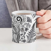 New Zealand Sea Animals Ceramic Mug with Maori Koru Tribal Tattoo and Silver Ferns White Color