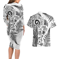New Zealand Sea Animals Couples Matching Long Sleeve Bodycon Dress and Hawaiian Shirt with Maori Koru Tribal Tattoo and Silver Ferns White Color LT03 - Polynesian Pride