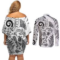 New Zealand Sea Animals Couples Matching Off Shoulder Short Dress and Long Sleeve Button Shirt with Maori Koru Tribal Tattoo and Silver Ferns White Color LT03 - Polynesian Pride