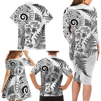 New Zealand Sea Animals Family Matching Long Sleeve Bodycon Dress and Hawaiian Shirt with Maori Koru Tribal Tattoo and Silver Ferns White Color LT03 - Polynesian Pride