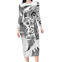 New Zealand Sea Animals Family Matching Long Sleeve Bodycon Dress and Hawaiian Shirt with Maori Koru Tribal Tattoo and Silver Ferns White Color LT03 Mom's Dress White - Polynesian Pride