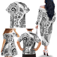 New Zealand Sea Animals Family Matching Off The Shoulder Long Sleeve Dress and Hawaiian Shirt with Maori Koru Tribal Tattoo and Silver Ferns White Color LT03 - Polynesian Pride
