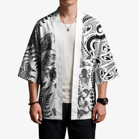 New Zealand Sea Animals Kimono with Maori Koru Tribal Tattoo and Silver Ferns White Color LT03 - Polynesian Pride