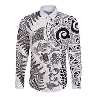New Zealand Sea Animals Long Sleeve Button Shirt with Maori Koru Tribal Tattoo and Silver Ferns White Color LT03 Unisex White - Polynesian Pride