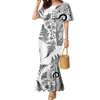 New Zealand Sea Animals Mermaid Dress with Maori Koru Tribal Tattoo and Silver Ferns White Color LT03 Women White - Polynesian Pride