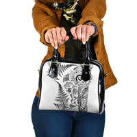 New Zealand Sea Animals Shoulder Handbag with Maori Koru Tribal Tattoo and Silver Ferns White Color