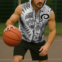New Zealand Sea Animals Sleeveless Zip Hoodie with Maori Koru Tribal Tattoo and Silver Ferns White Color LT03 - Polynesian Pride