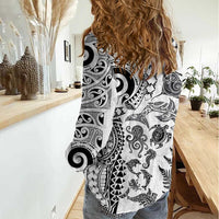 New Zealand Sea Animals Women Casual Shirt with Maori Koru Tribal Tattoo and Silver Ferns White Color LT03 - Polynesian Pride