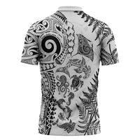 New Zealand Sea Animals Zipper Polo Shirt with Maori Koru Tribal Tattoo and Silver Ferns White Color LT03 - Polynesian Pride