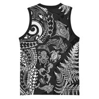 New Zealand Sea Animals Basketball Jersey with Maori Koru Tribal Tattoo and Silver Ferns Black Color LT03 - Polynesian Pride