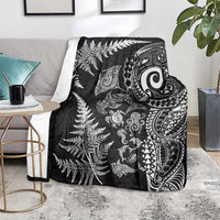 New Zealand Sea Animals Blanket with Maori Koru Tribal Tattoo and Silver Ferns Black Color LT03 - Polynesian Pride
