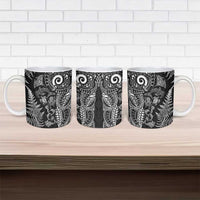 New Zealand Sea Animals Ceramic Mug with Maori Koru Tribal Tattoo and Silver Ferns Black Color LT03 - Polynesian Pride