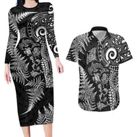New Zealand Sea Animals Couples Matching Long Sleeve Bodycon Dress and Hawaiian Shirt with Maori Koru Tribal Tattoo and Silver Ferns Black Color LT03 Black - Polynesian Pride