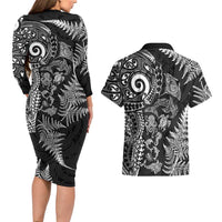 New Zealand Sea Animals Couples Matching Long Sleeve Bodycon Dress and Hawaiian Shirt with Maori Koru Tribal Tattoo and Silver Ferns Black Color LT03 - Polynesian Pride