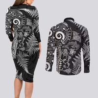 New Zealand Sea Animals Couples Matching Long Sleeve Bodycon Dress and Long Sleeve Button Shirt with Maori Koru Tribal Tattoo and Silver Ferns Black Color LT03 - Polynesian Pride